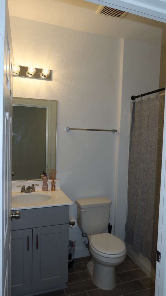 620 Acuff Lane Leander, TX 78641 - Photo 9 of 14 Bathroom featuring a light gray vanity with a white countertop and undermount sink, a chrome faucet, and a wall-mounted mirror