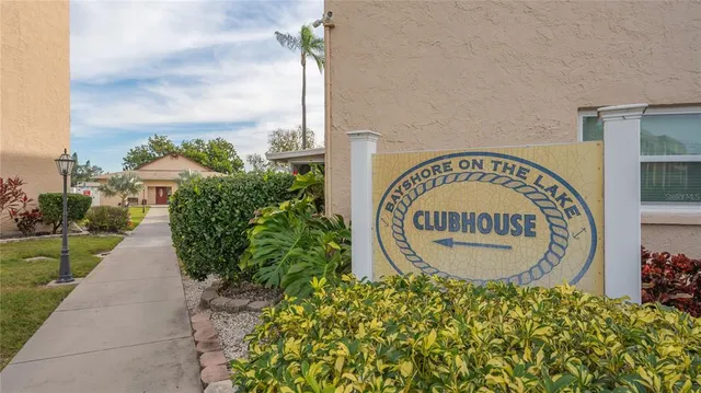 a view of a water fountain with a sign board