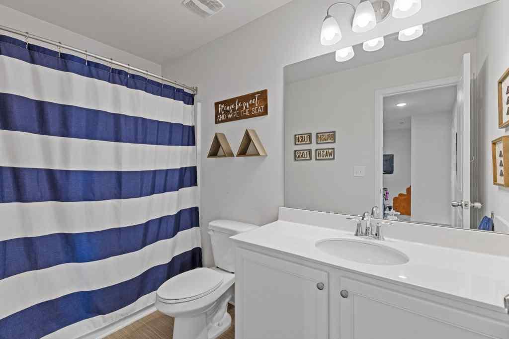 60 Huntley Trace Hoschton, GA 30548 - Photo 38 of 50 a bathroom with a sink a toilet a large mirror and shower curtain