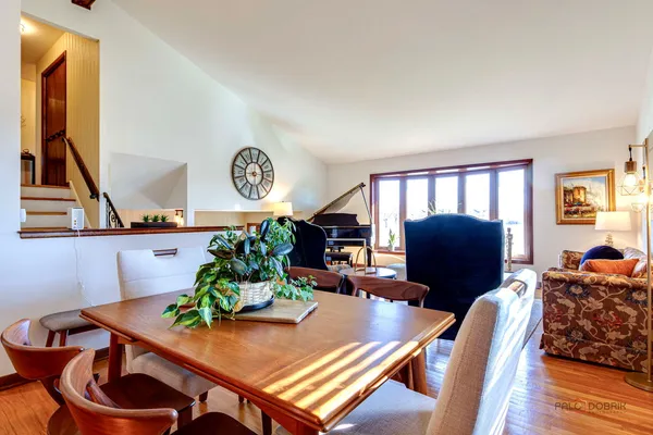 a view of a dining room with furniture a potted plant and wooden floor