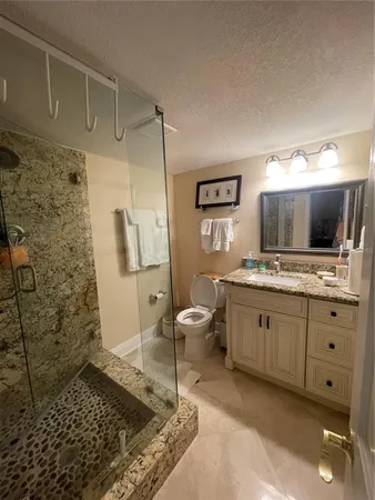 a bathroom with a sink a toilet and mirror