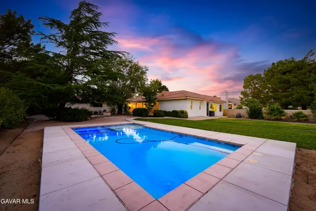 a view of swimming pool with lounge chair and trees in the background