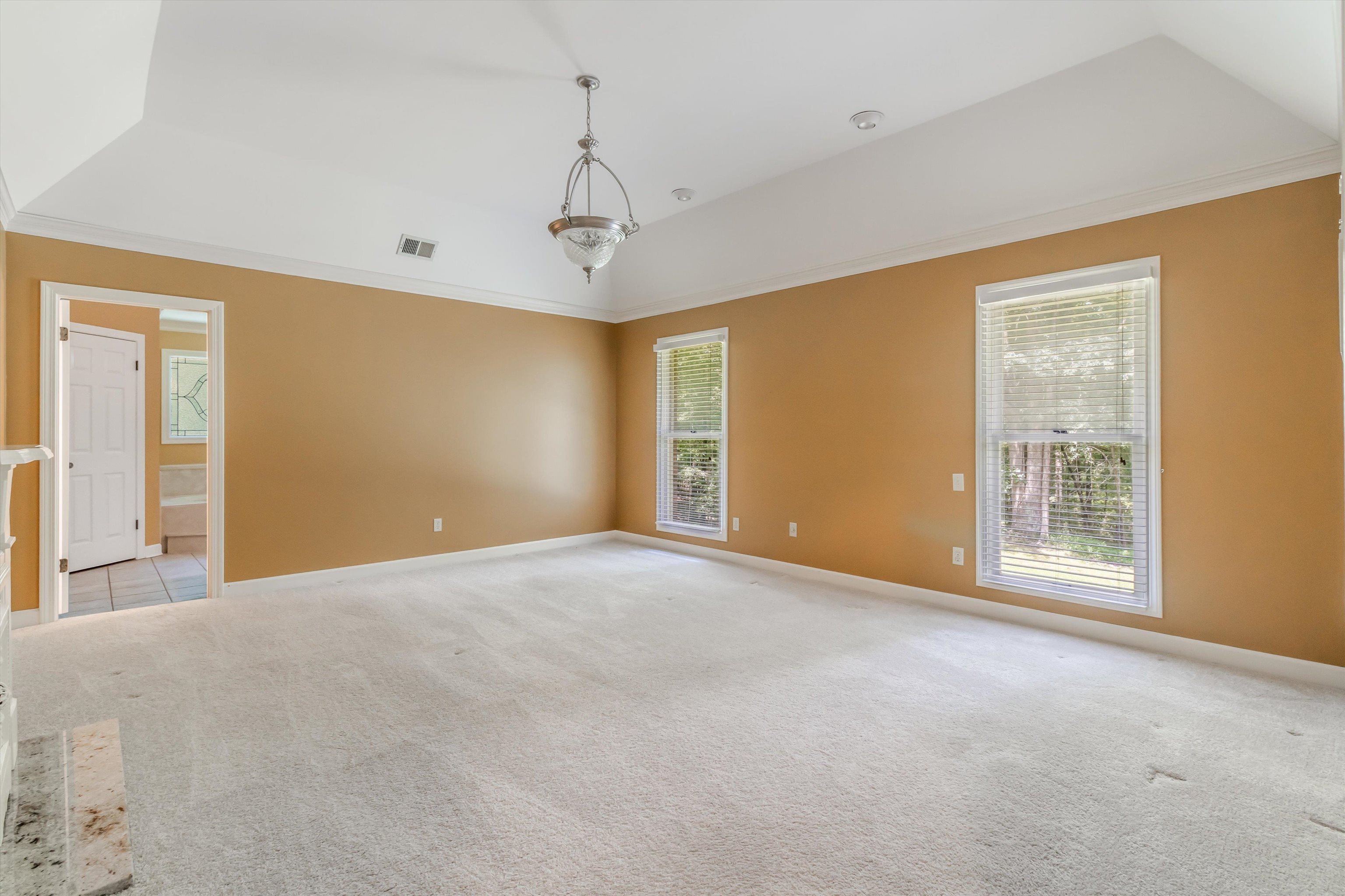 4081 Brunswick Road Bartlett, TN 38133 - Photo 16 of 31 Empty room featuring light carpet, vaulted ceiling, crown molding, and a raised ceiling