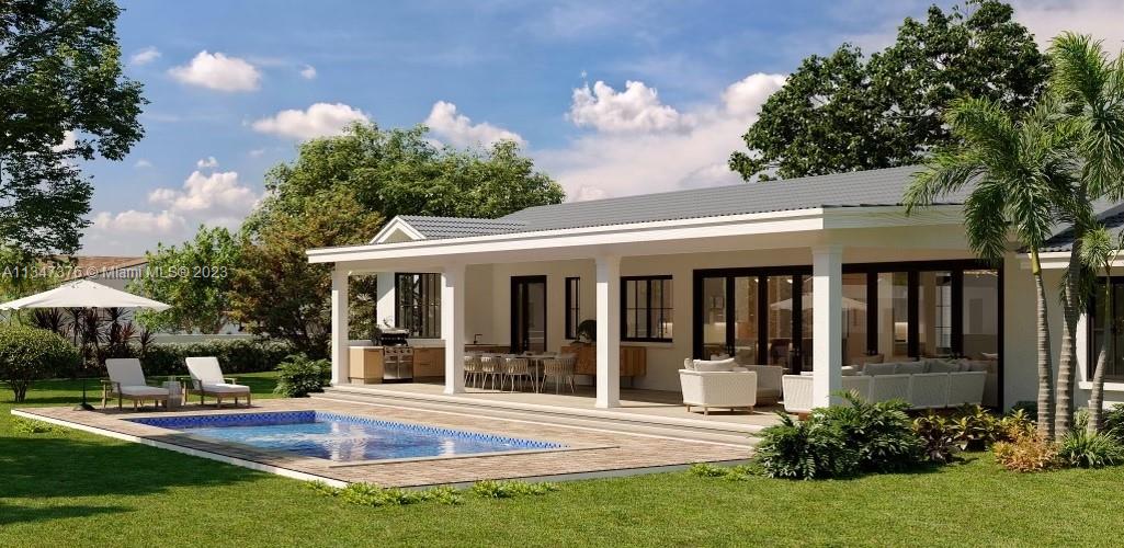 a view of a house with sitting area and garden