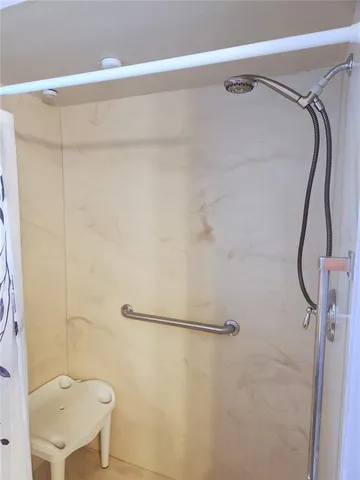 a bathroom with a shower and a toilet