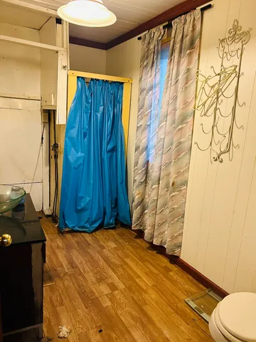 a backyard of a house with lots of plants and large tree