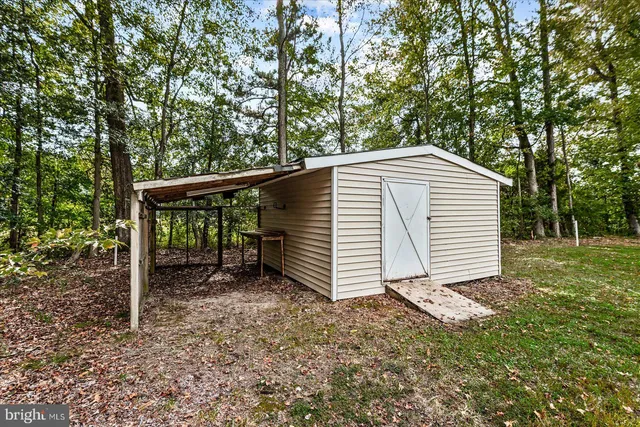 a view of backyard with small cabin
