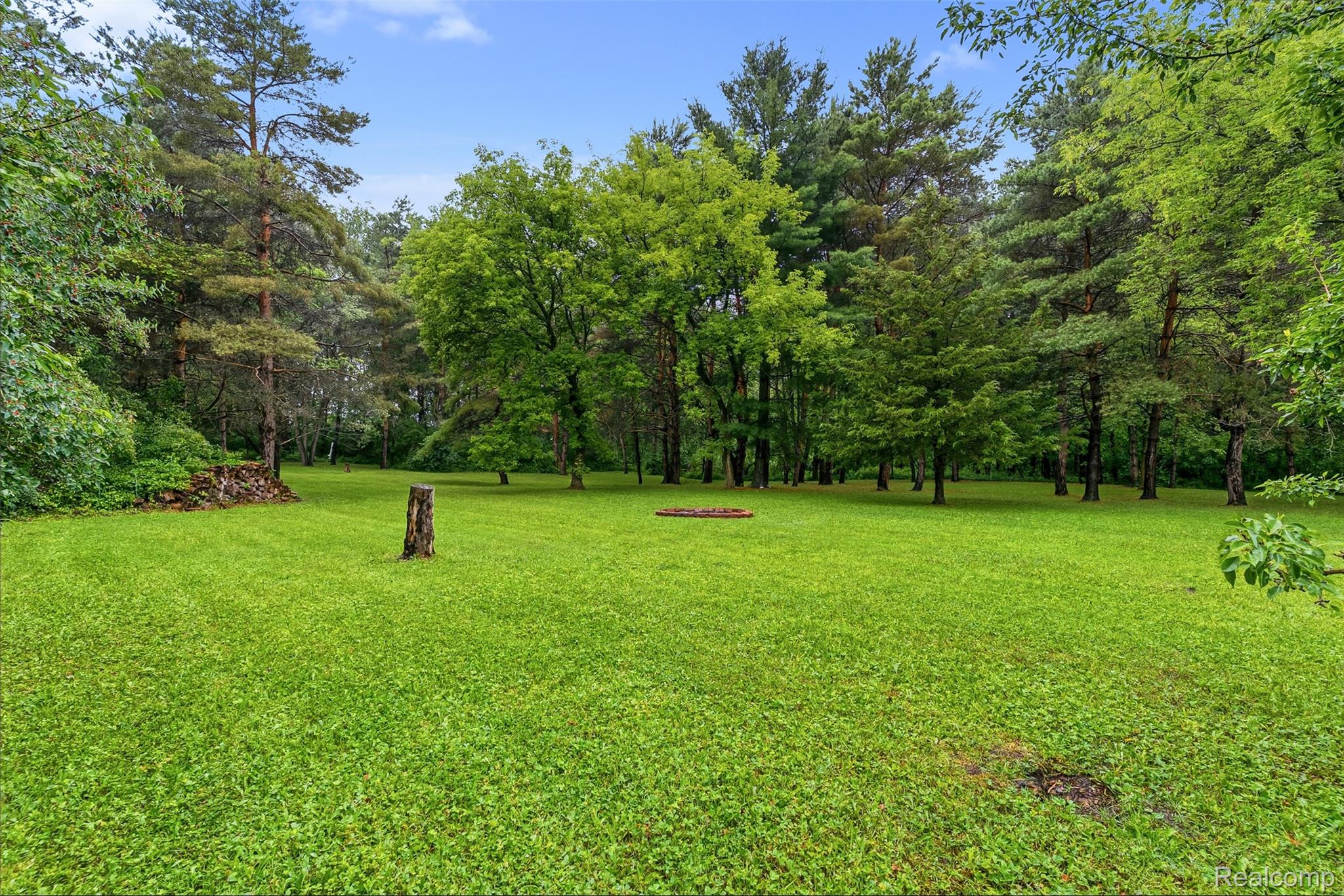 6109 North State Road Davison, MI 48423 - Photo 30 of 39 Expansive green lawn surrounded by mature trees, featuring a tree stump and a wood pile