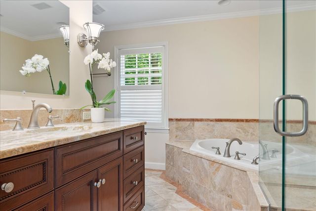 a bathroom with a granite countertop sink a large mirror and a bathtub with a potted plant