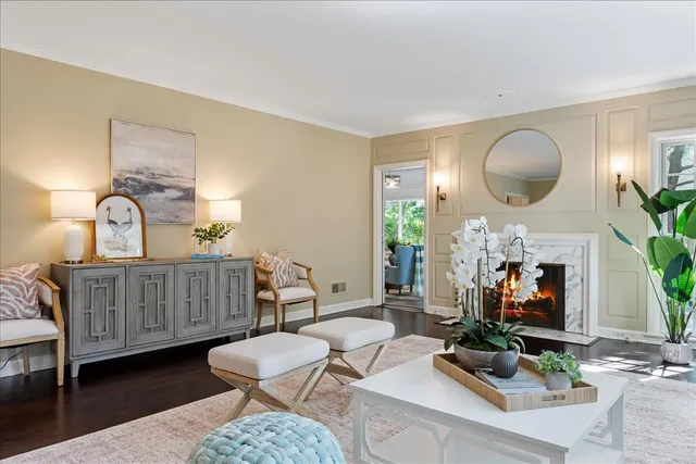 a living room with furniture a fireplace and potted plants