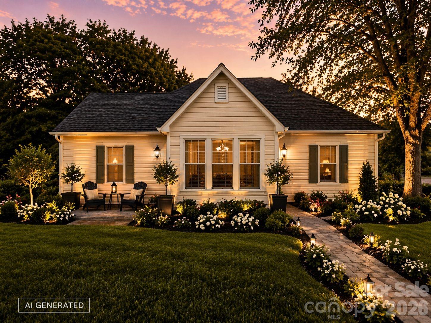 a front view of a house with a garden