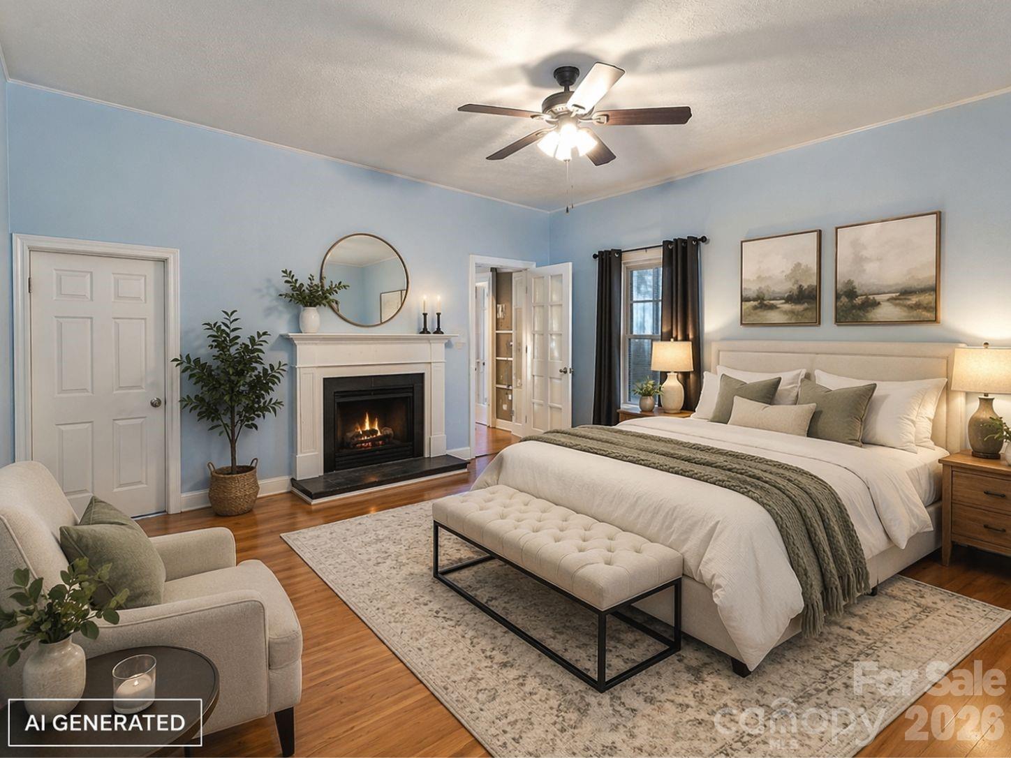6921 Harmony Grove Road Nebo, NC 28761 - Photo 13 of 21 a spacious bedroom with a bed a fireplace with the view of living room