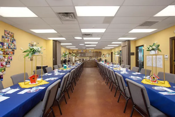 a view of a dining room with furniture