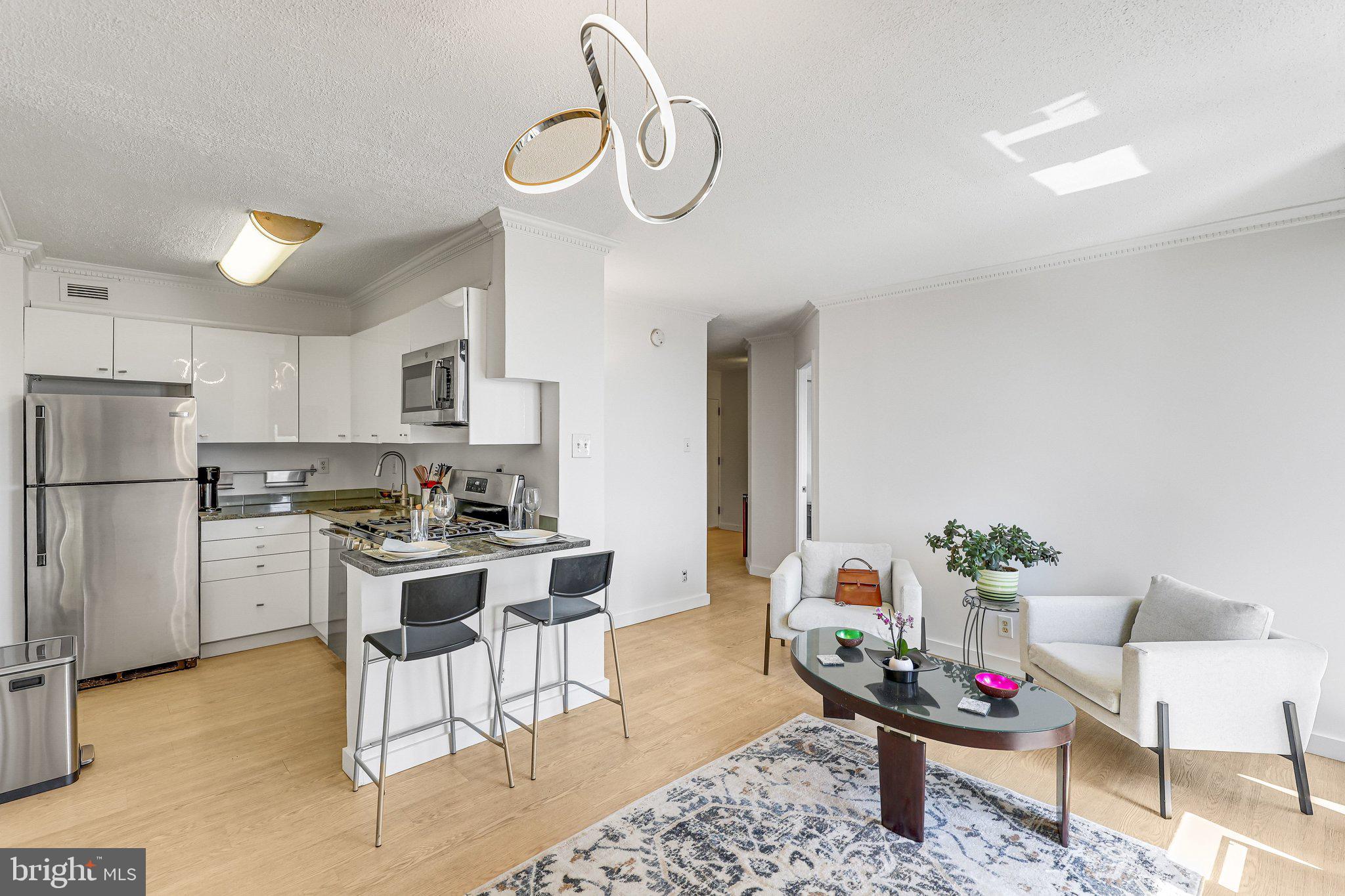 1245 4th Street Southwest, Unit E711 Washington, DC 20024 - Photo 4 of 33 a living room with furniture a dining table and kitchen view