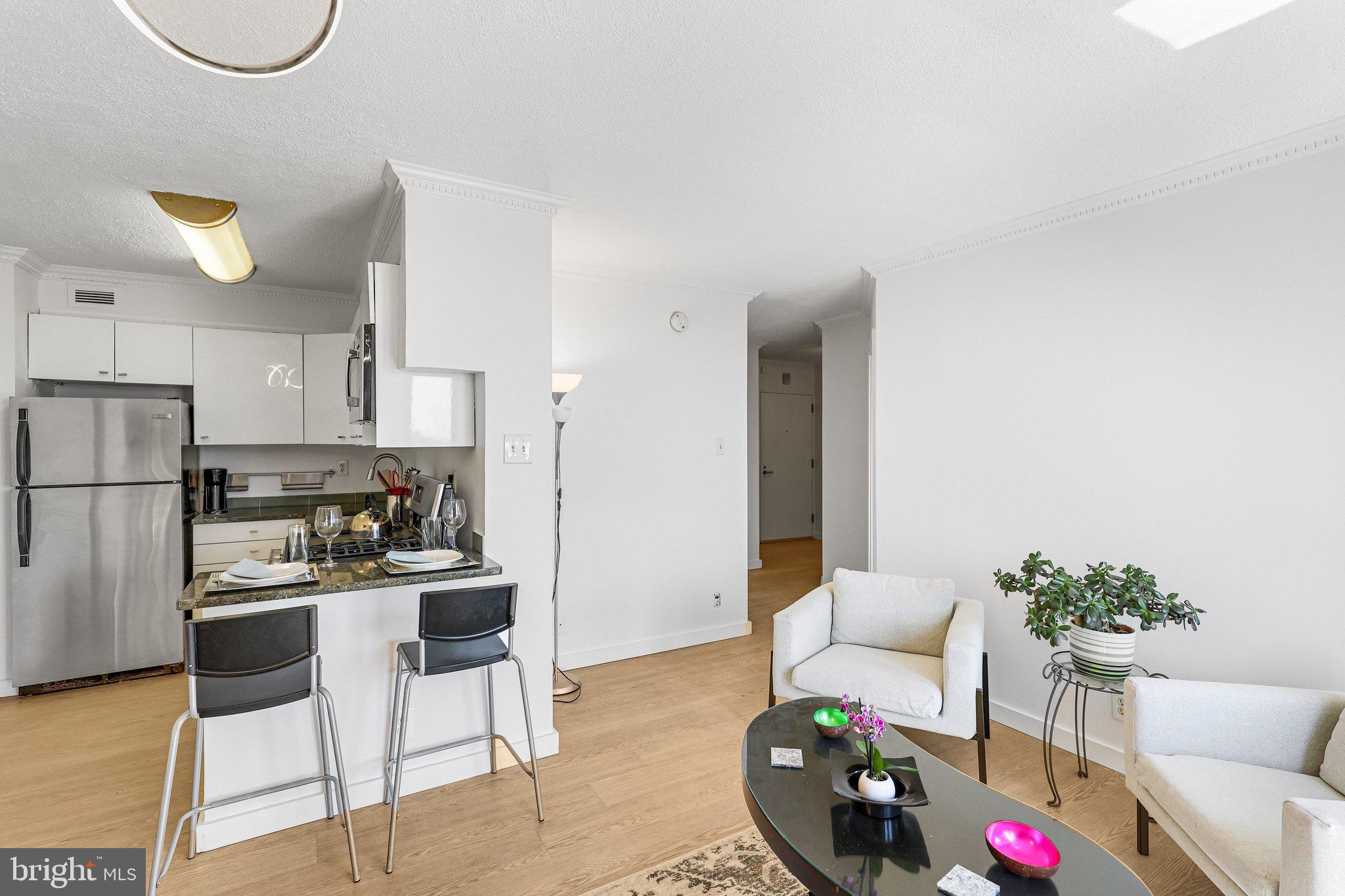 1245 4th Street Southwest, Unit E711 Washington, DC 20024 - Photo 10 of 33 a living room with furniture and kitchen view