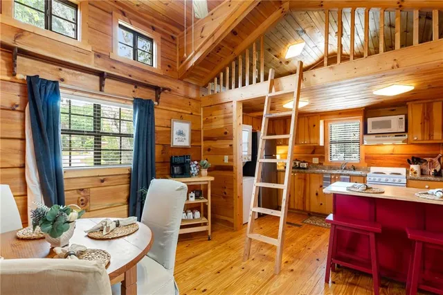 a view of a brick building with a large windows