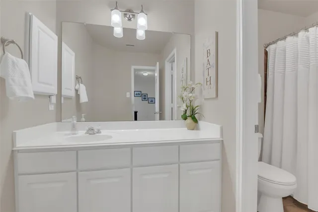 a bathroom with a sink a toilet and a mirror