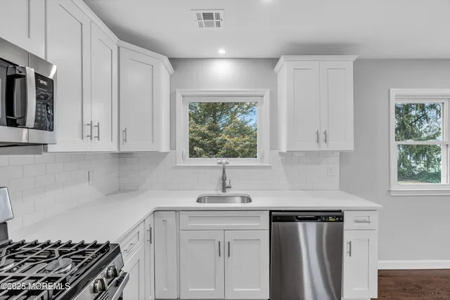 a kitchen with a sink cabinets stainless steel appliances and a window