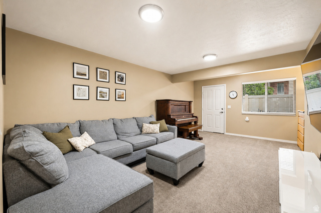204 Lyman Lane Bountiful, UT 84010 - Photo 19 of 28 Carpeted living area featuring a neutral color palette, ceiling-mounted lighting, a white paneled door, and a prominent window with horizontal blinds