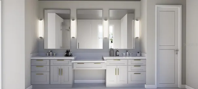 a bathroom with a double vanity sink mirror and double
