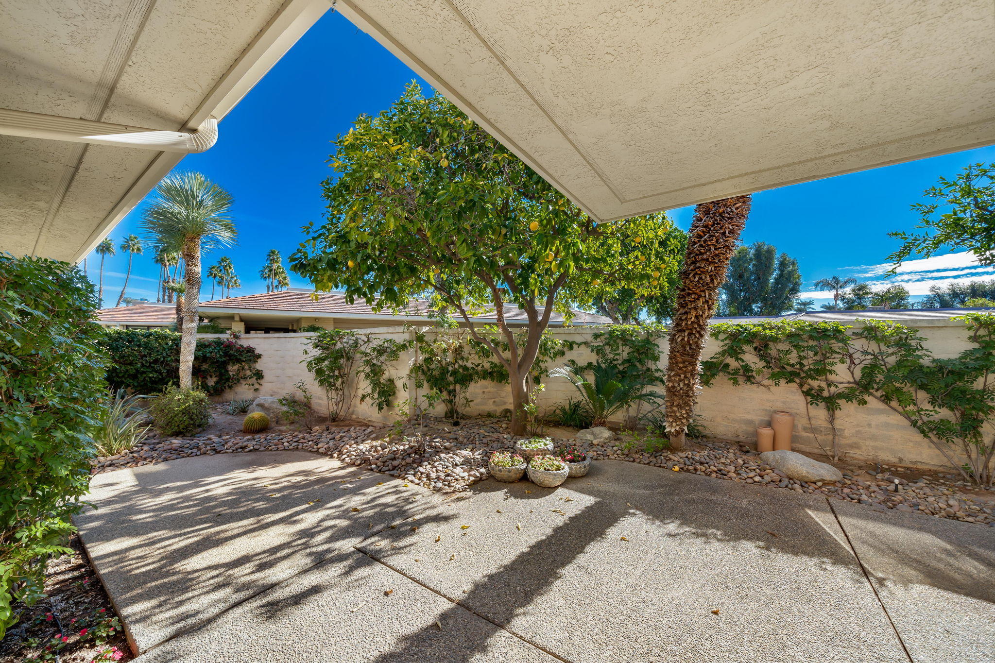 1 Hamlet Court Rancho Mirage, CA 92270 - Photo 27 of 41 a view of backyard with plants and outdoor seating