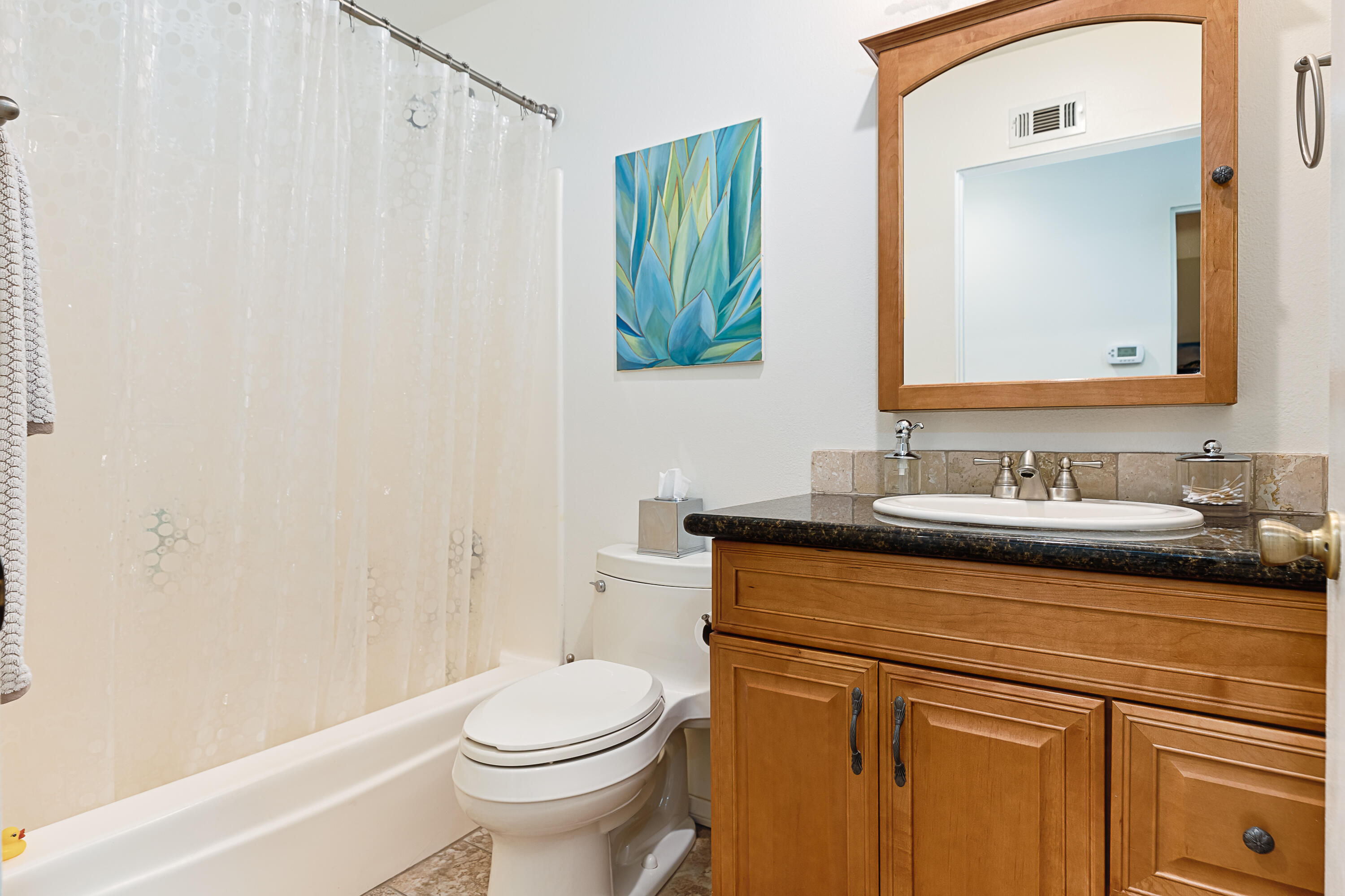 4655 Aragon Drive Carpinteria, CA 93013 - Photo 17 of 32 a bathroom with a granite countertop sink mirror vanity and toilet