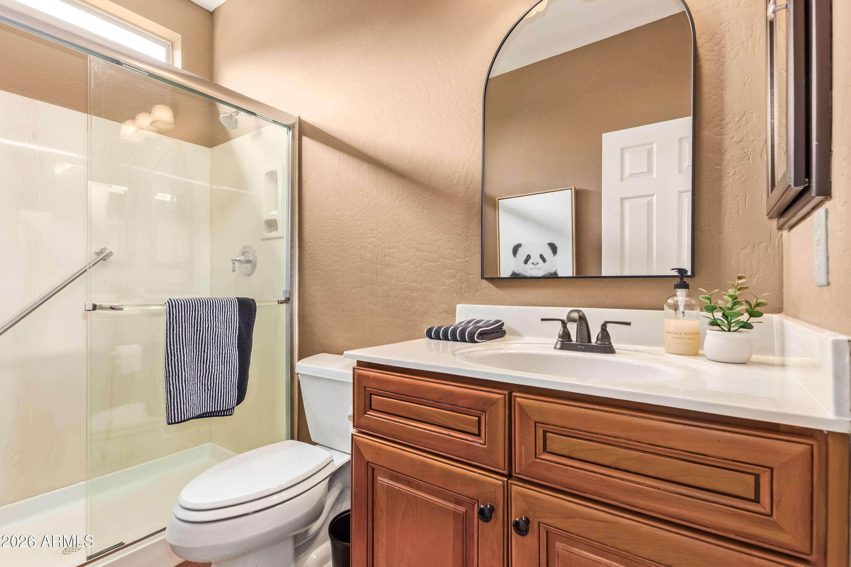 16287 West Cheery Lynn Road Goodyear, AZ 85395 - Photo 23 of 44 a bathroom with a toilet a sink a mirror a vanity and shower