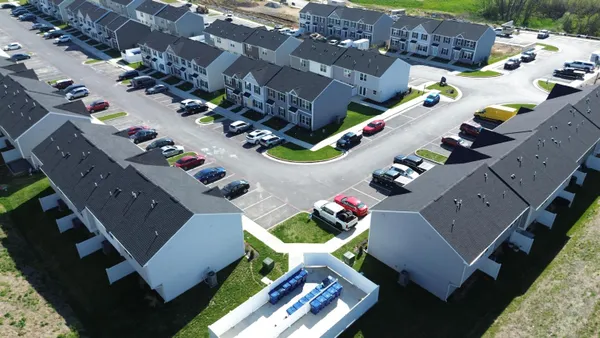 an aerial view of a and swimming pool