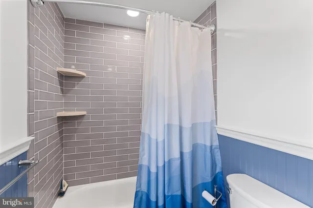 a bathroom with a shower and a toilet