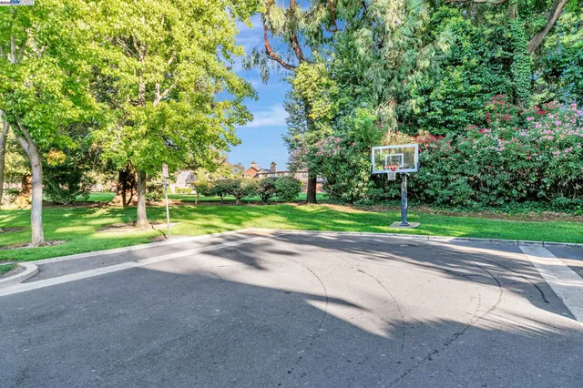a garden with a bench in front of the house