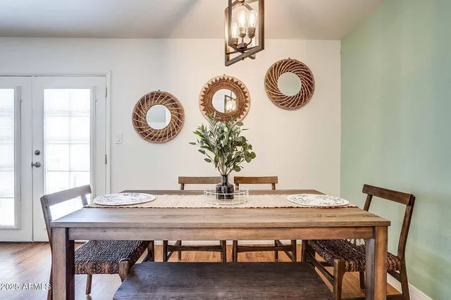 a view of a dining room with furniture