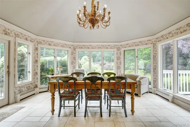 a view of a dining room with furniture window and outside view