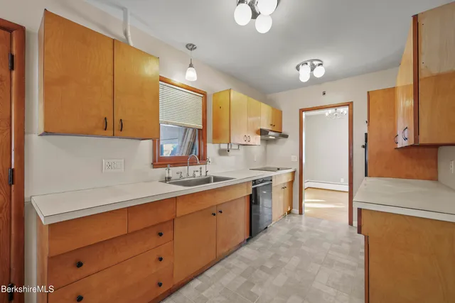 a large kitchen with a sink and dishwasher a refrigerator with wooden floor