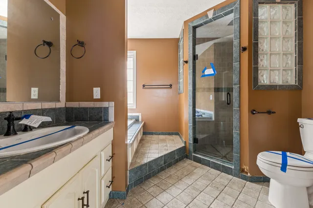a bathroom with a sink toilet and shower