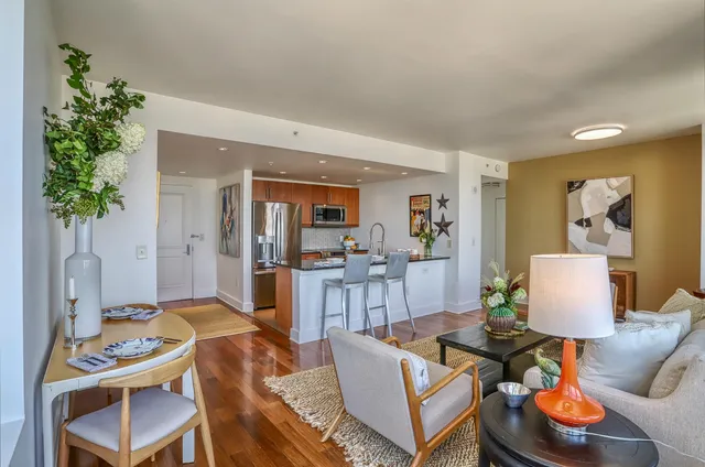 a living room with furniture and a potted plant