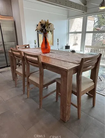 a view of a dining room with furniture and window