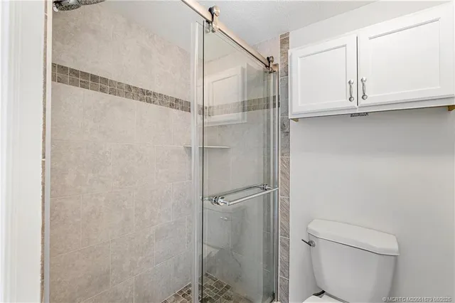 a bathroom with a shower and toilet
