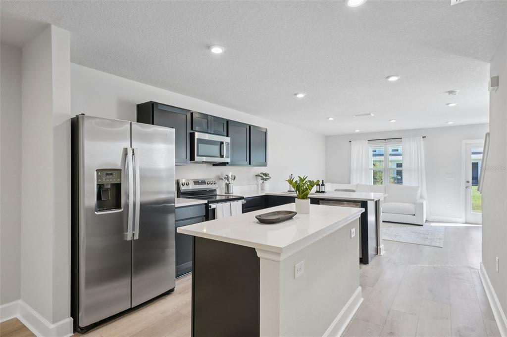12057 Grizzly Lane New Port Richey, FL 34654 - Photo 9 of 25 a kitchen with a refrigerator a microwave oven a sink and chairs