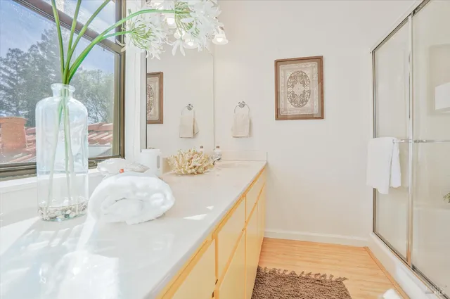 a bathroom with a sink a mirror and a shower