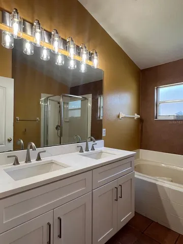 a bathroom with a sink a large mirror and vanity