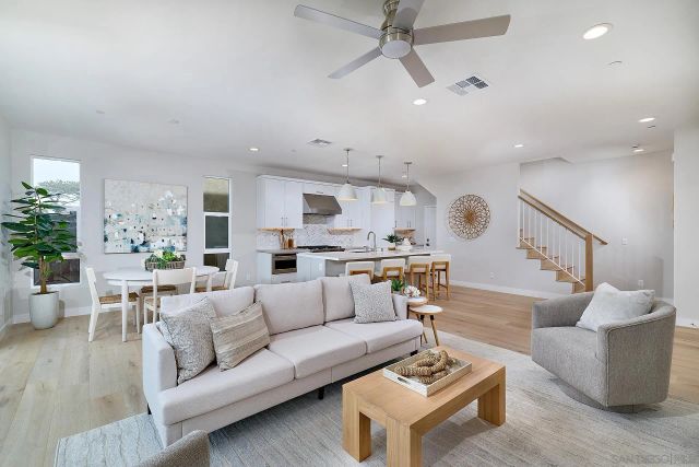 a living room with furniture kitchen view and a potted plant