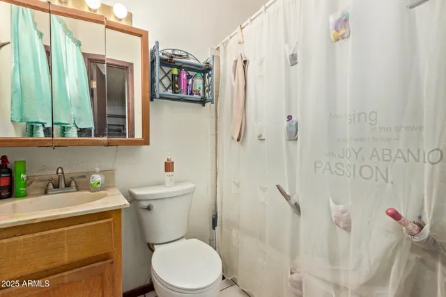 a bathroom with a sink a toilet and shower curtain