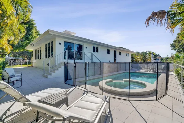 a backyard of a house with table and chairs