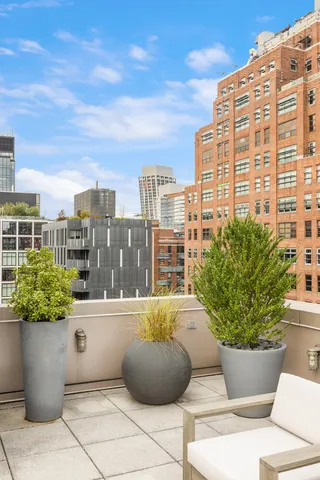 a view of a terrace with plants and bench
