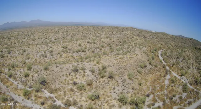 a view of a dry yard with mountains in the background