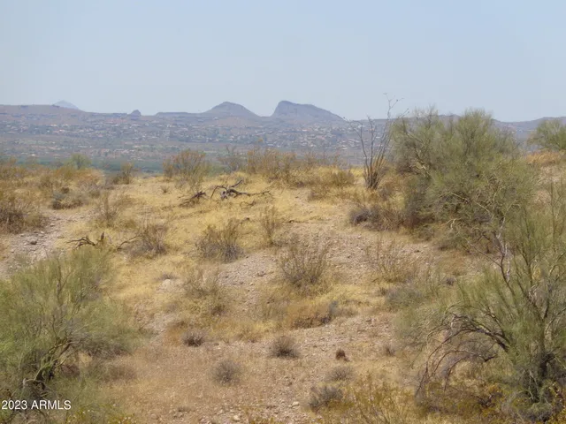 a view of a dry yard with mountains in the background