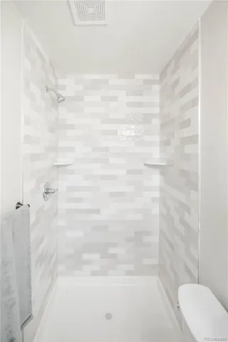 a bathroom with a shower and toilet