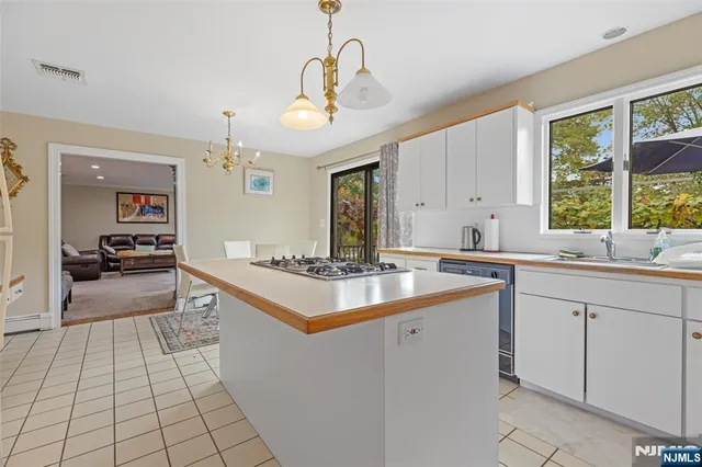a large kitchen with kitchen island a large counter space a sink appliances and a large window