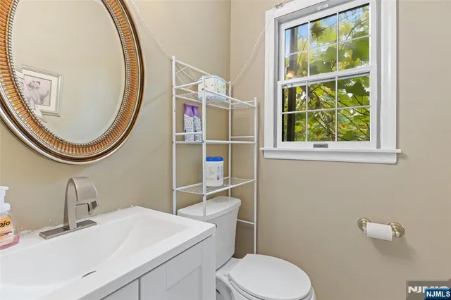 a bathroom with a sink a toilet and a mirror