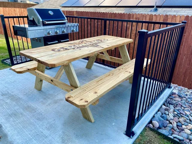 an outdoor space with furniture